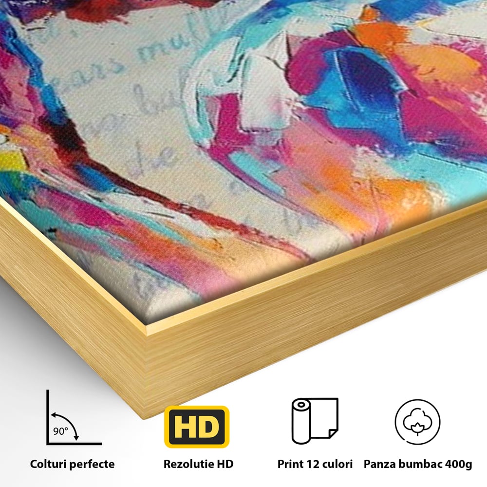 Detaliu al suprafetei: tablou canvas cu portret artistic de femeie, in rama de aluminiu auriu