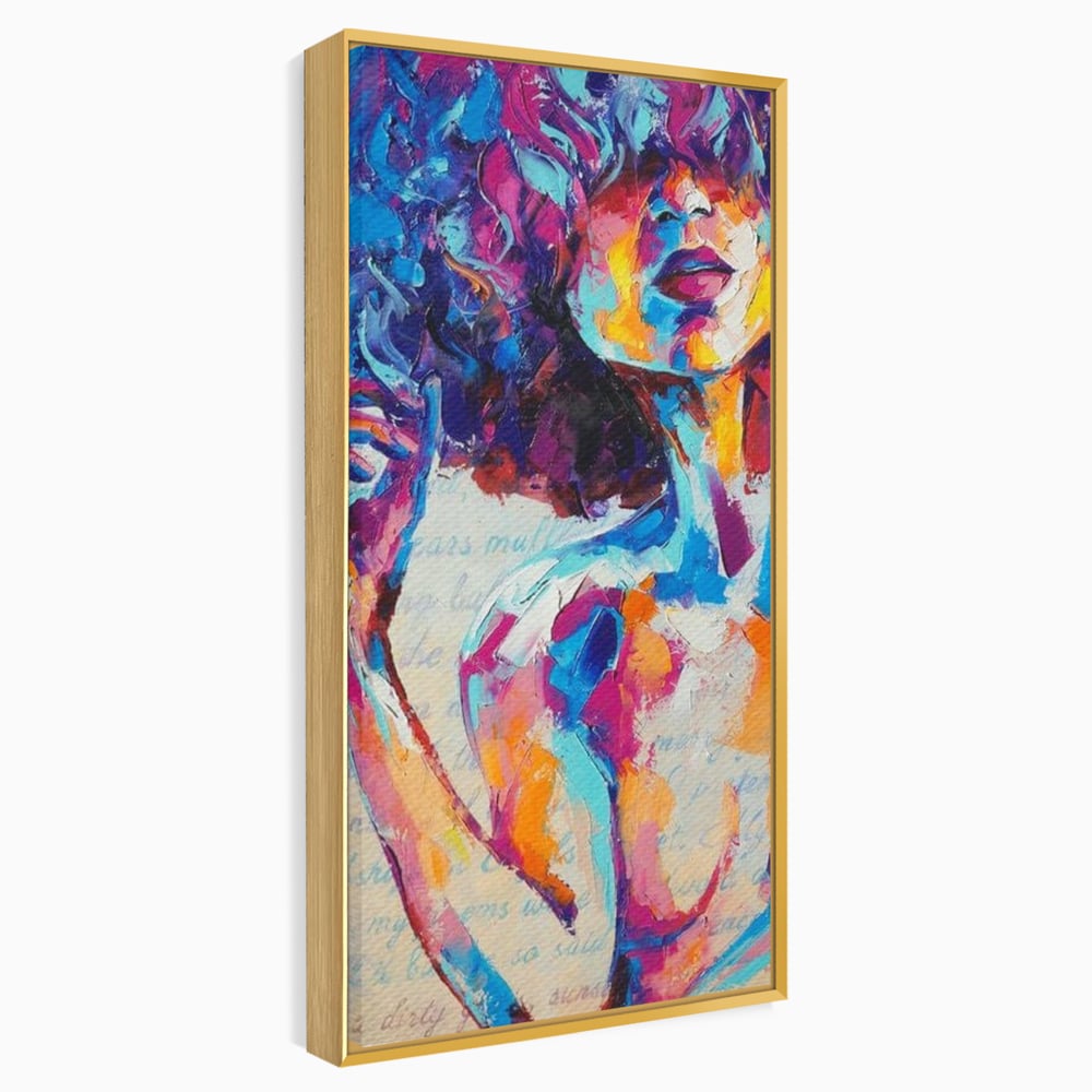 Tablou canvas cu tablou canvas cu portret artistic de femeie, in rama de aluminiu auriu