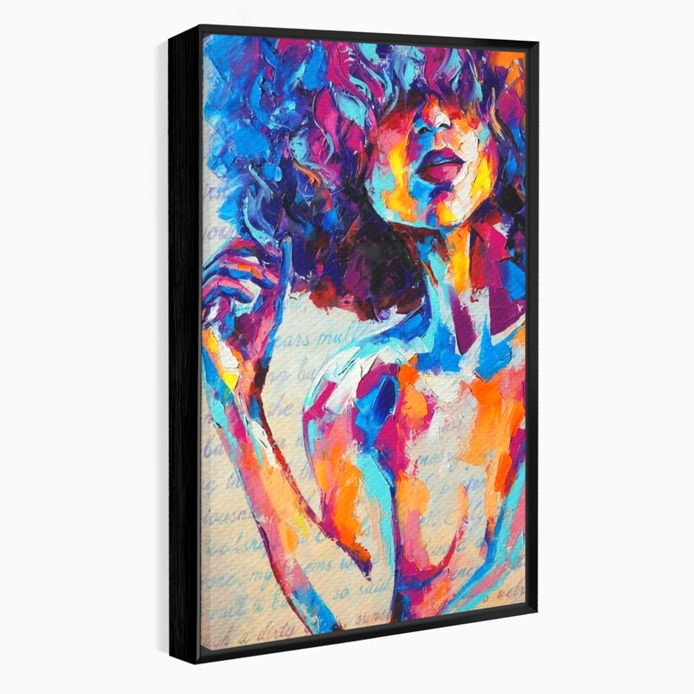 Tablou canvas cu tablou canvas cu portret artistic de femeie, in rama de aluminiu negru