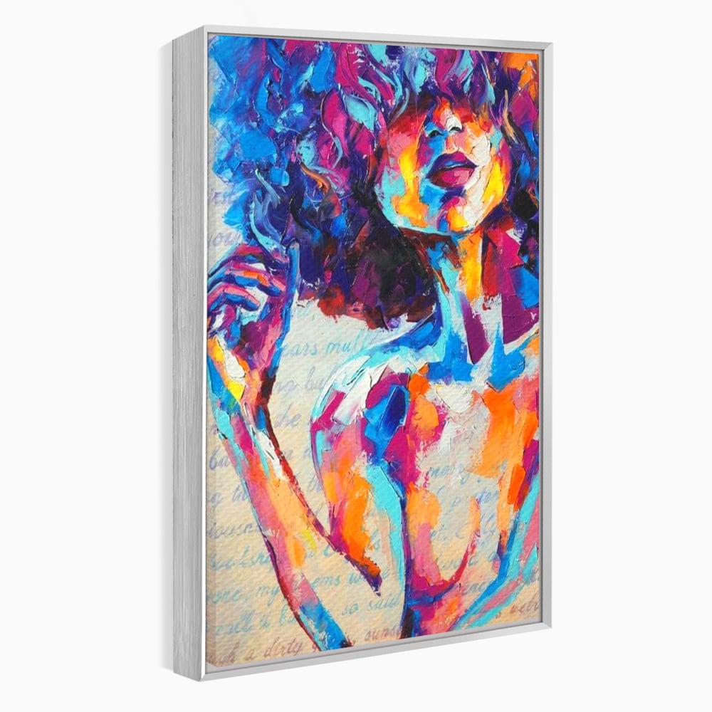 Tablou canvas cu tablou canvas cu portret artistic de femeie, in rama de aluminiu argintiu