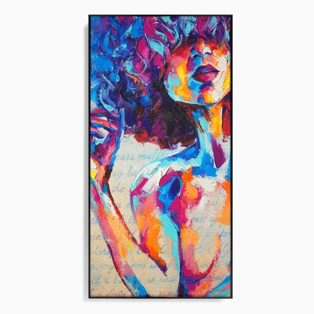 Tablou canvas cu tablou canvas cu portret artistic de femeie, in rama de aluminiu negru