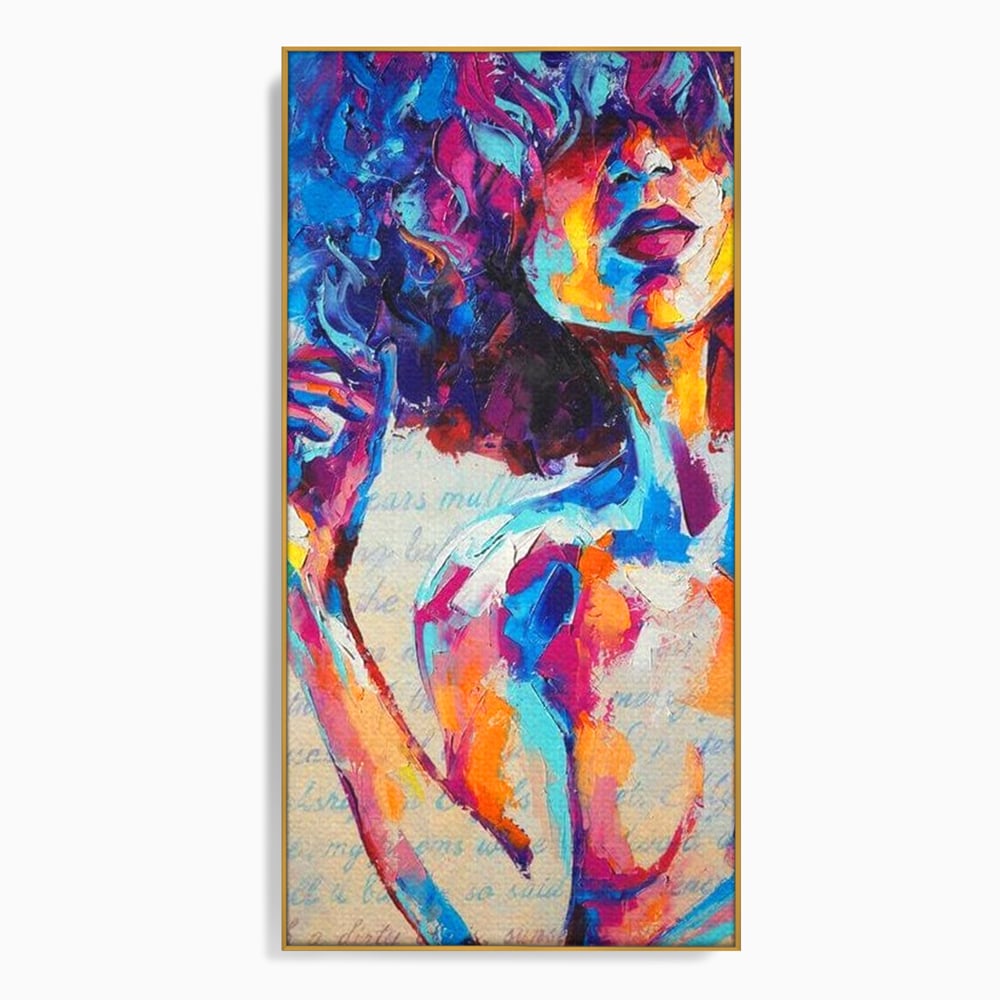 Tablou canvas cu tablou canvas cu portret artistic de femeie, in rama de aluminiu auriu