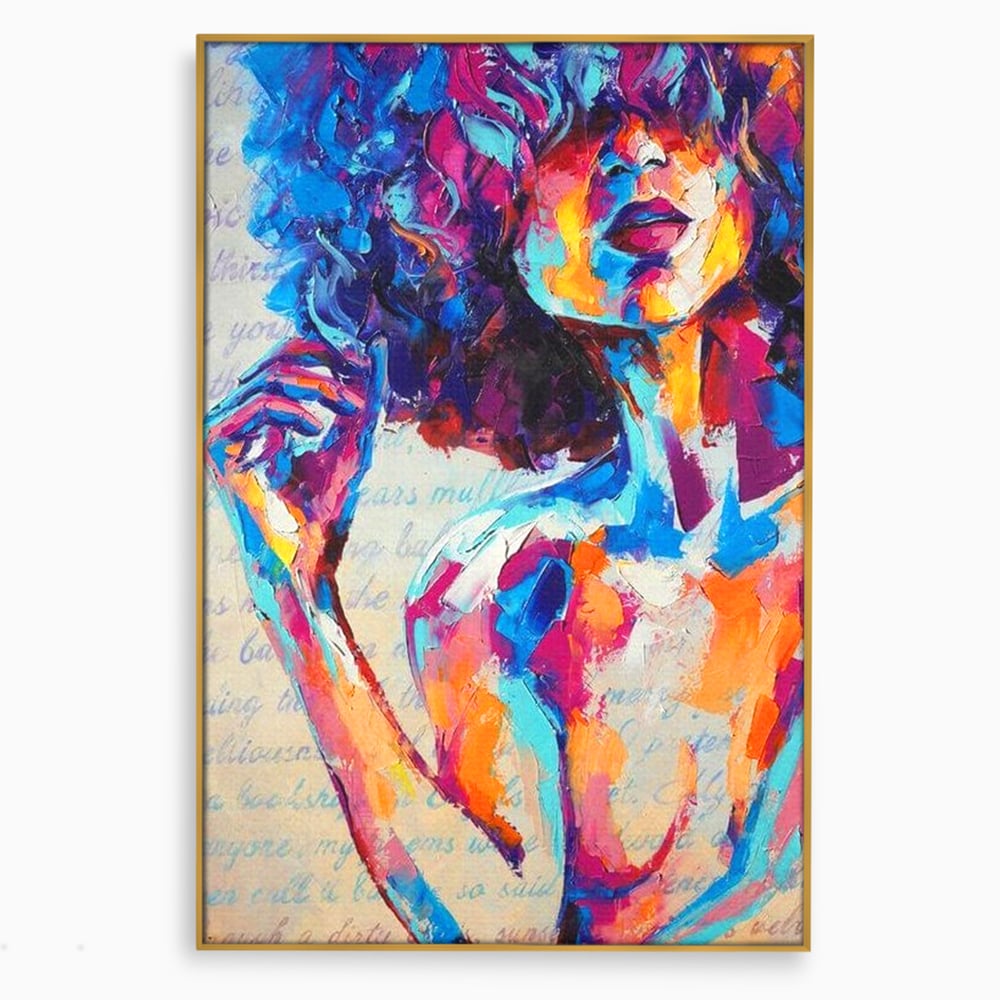Tablou canvas cu tablou canvas cu portret artistic de femeie, in rama de aluminiu auriu