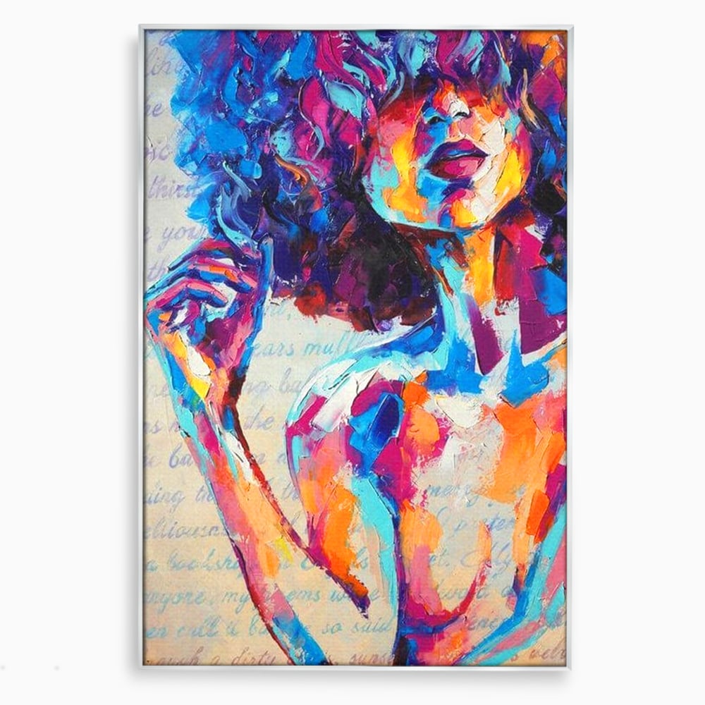 Tablou canvas cu tablou canvas cu portret artistic de femeie, in rama de aluminiu argintiu