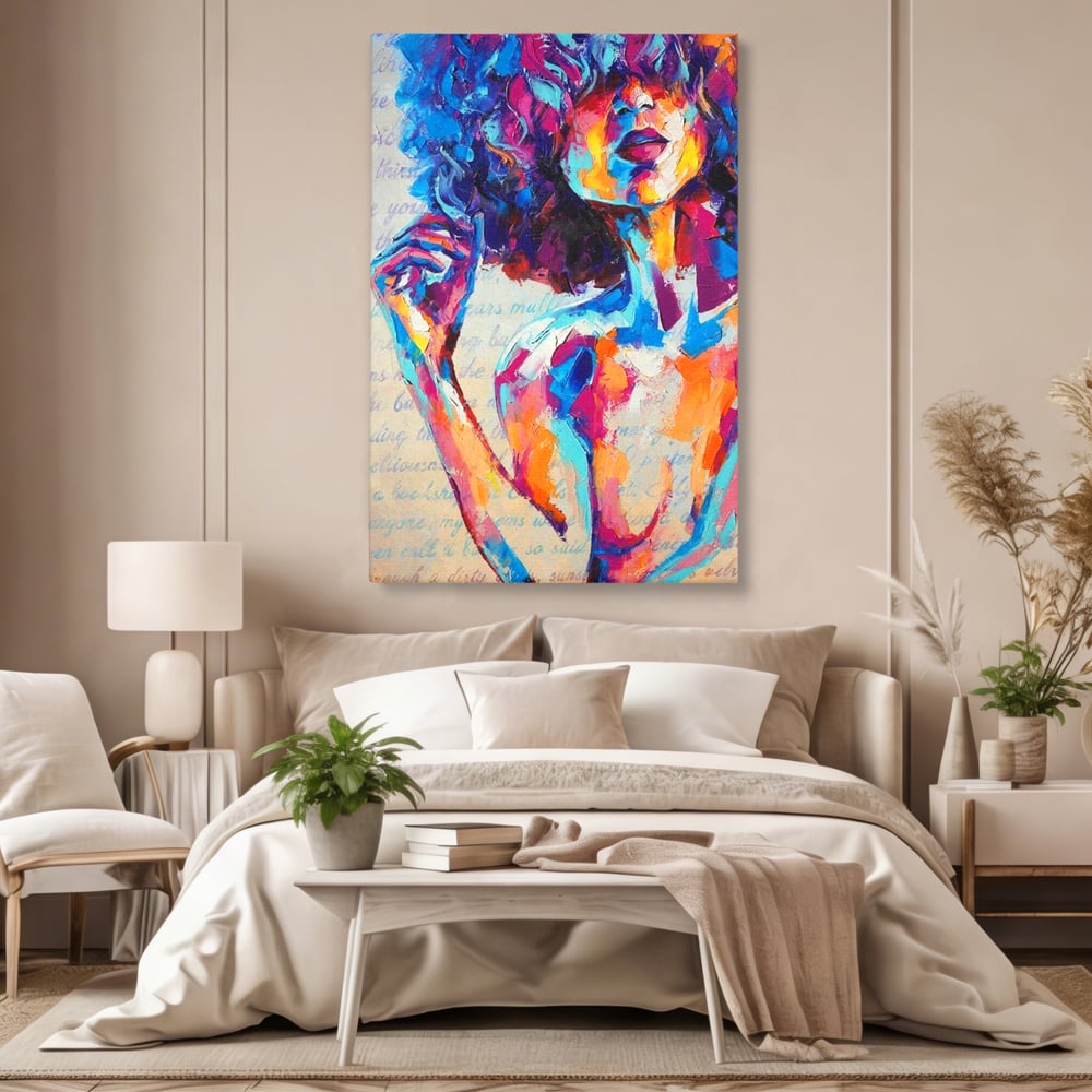 Tablou canvas cu tablou canvas cu portret artistic de femeie, fara rama, pe sasiu de lemn, pe perete intr-un dormitor