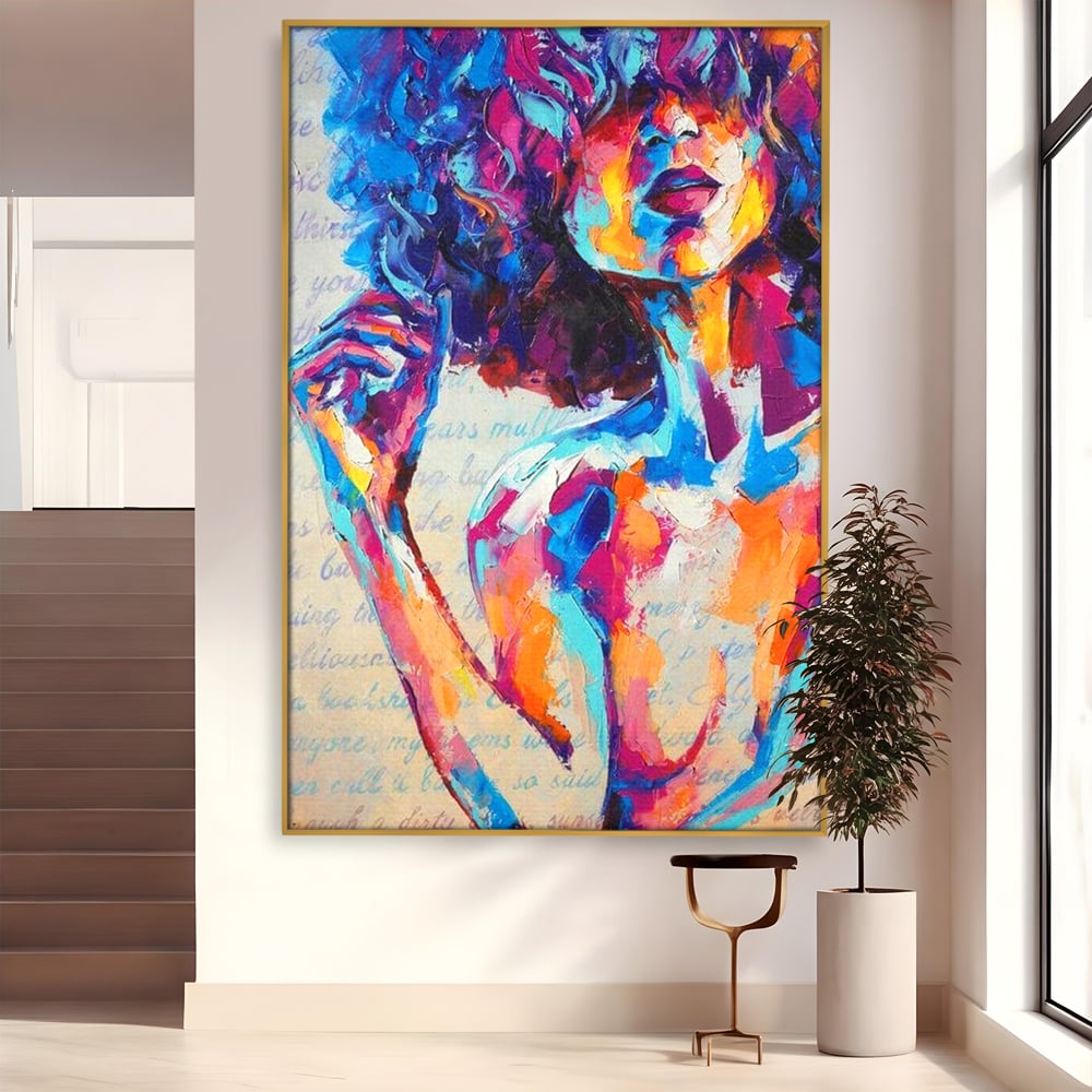 Tablou canvas cu tablou canvas cu portret artistic de femeie, in rama de aluminiu auriu