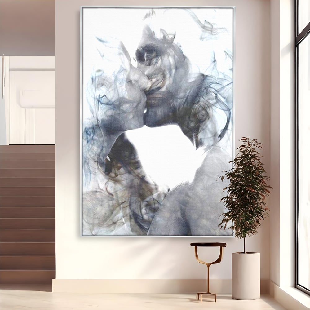 Tablou canvas cu tablou canvas cu siluete in fum, in rama de aluminiu argintiu