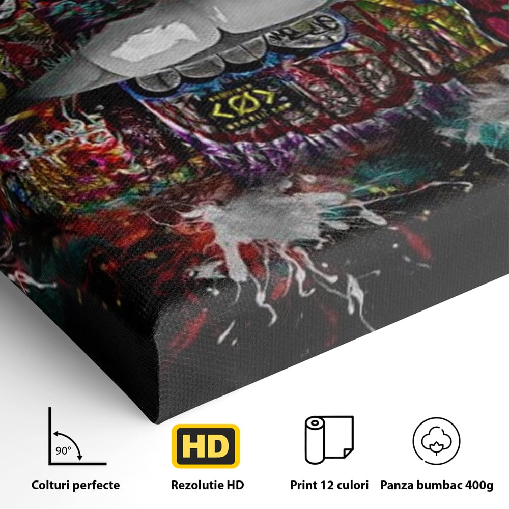 Detaliu al suprafetei: tablou canvas cu buze grafitti, fara rama, pe sasiu de lemn