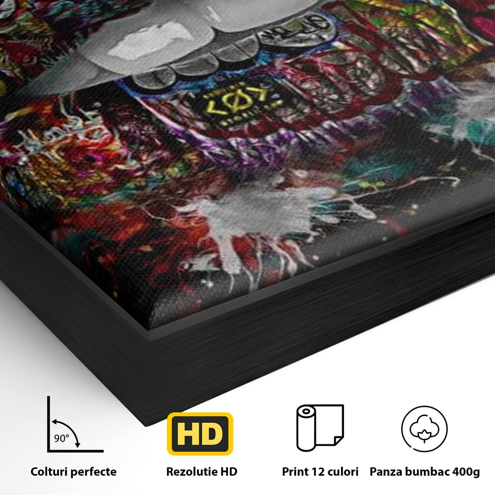 Detaliu al suprafetei: tablou canvas cu buze grafitti, in rama de aluminiu negru