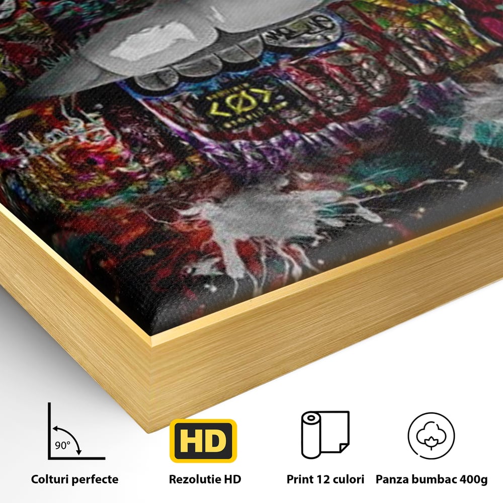 Detaliu al suprafetei: tablou canvas cu buze grafitti, in rama de aluminiu auriu