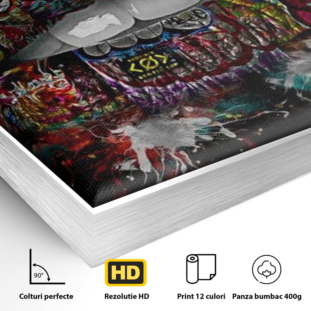 Detaliu al suprafetei: tablou canvas cu buze grafitti, in rama de aluminiu argintiu
