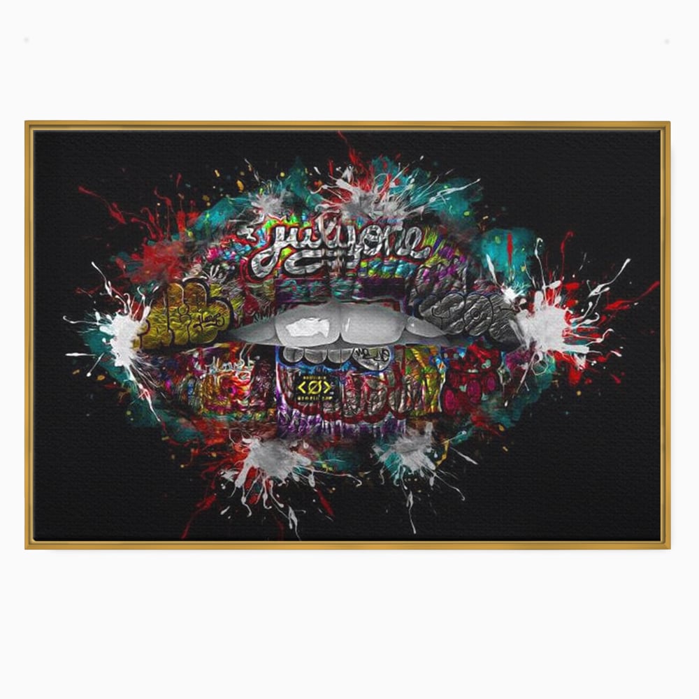 Tablou canvas cu tablou canvas cu buze grafitti, in rama de aluminiu auriu