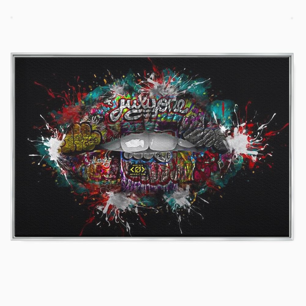 Tablou canvas cu tablou canvas cu buze grafitti, in rama de aluminiu argintiu