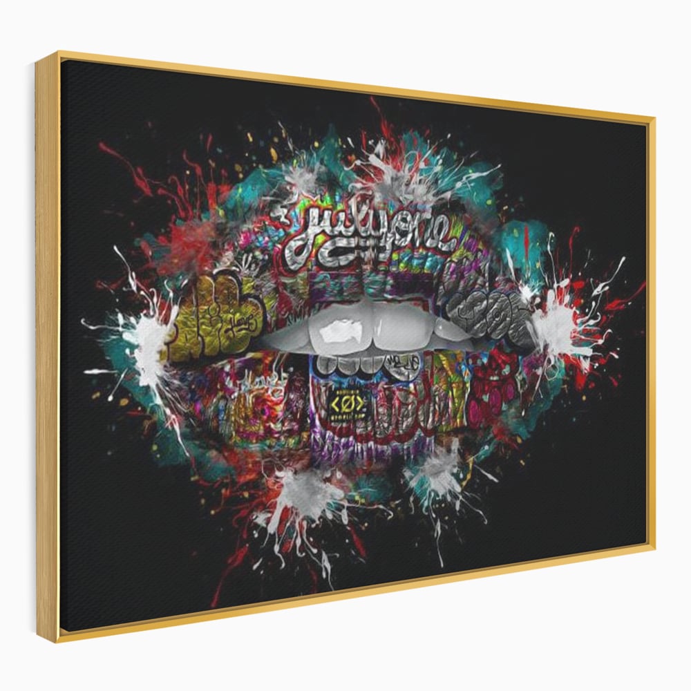 Tablou canvas cu tablou canvas cu buze grafitti, in rama de aluminiu auriu