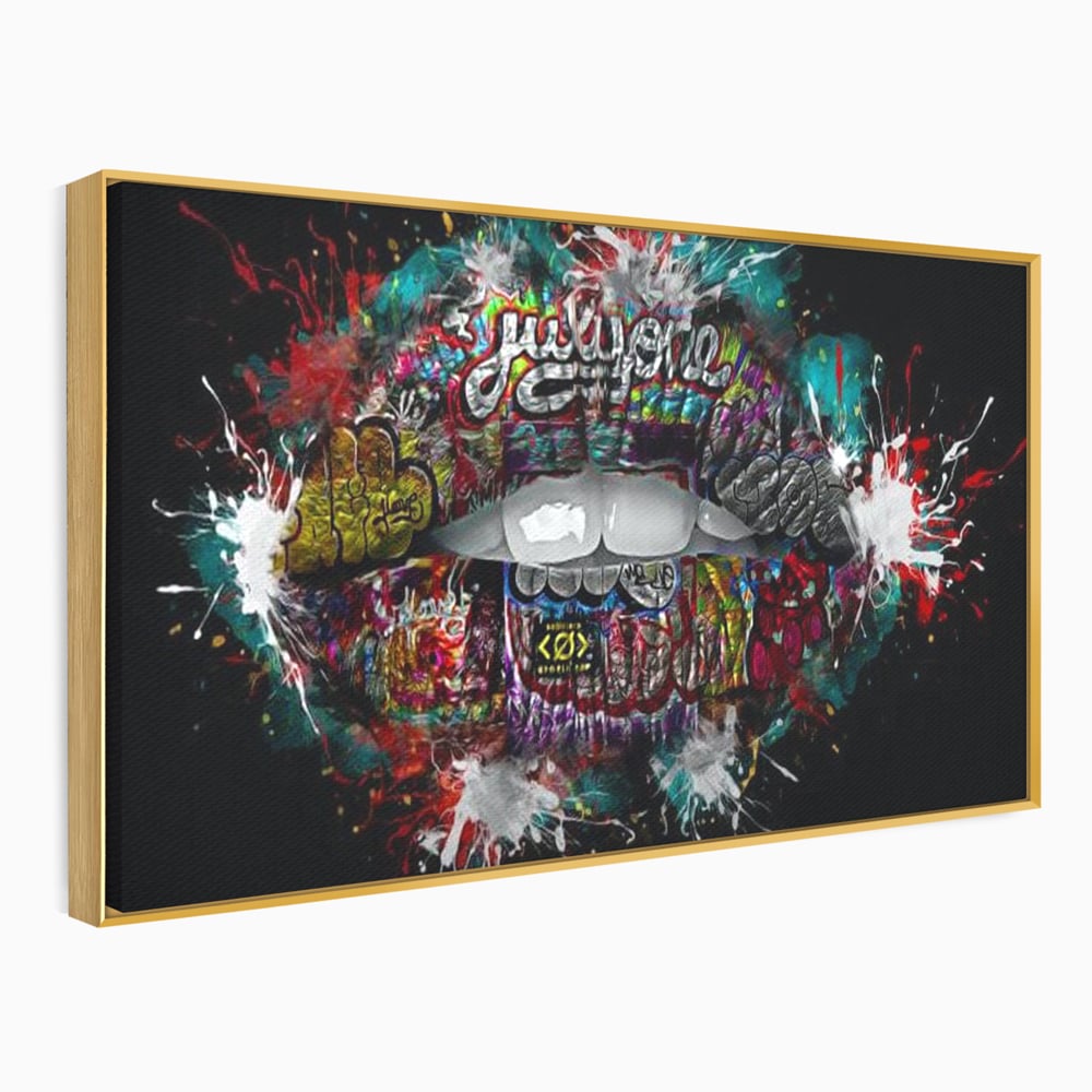 Tablou canvas cu tablou canvas cu buze grafitti, in rama de aluminiu auriu