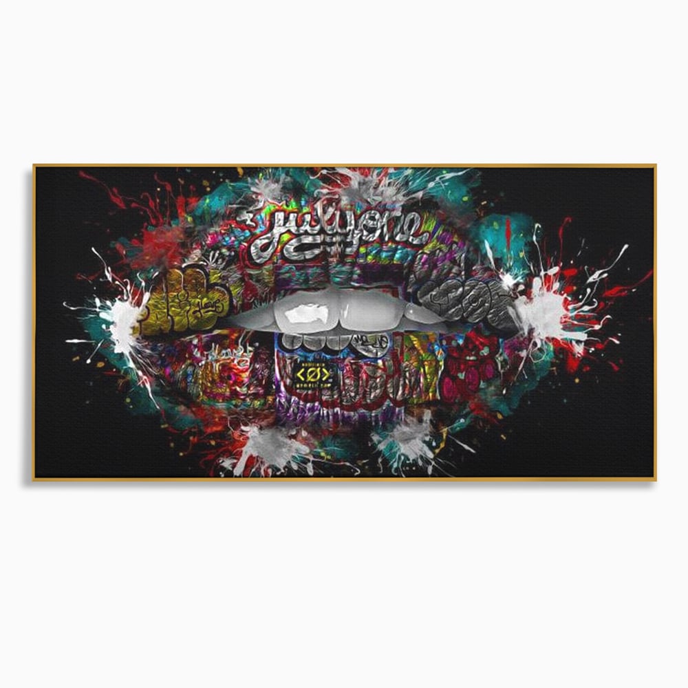 Tablou canvas cu tablou canvas cu buze grafitti, in rama de aluminiu auriu