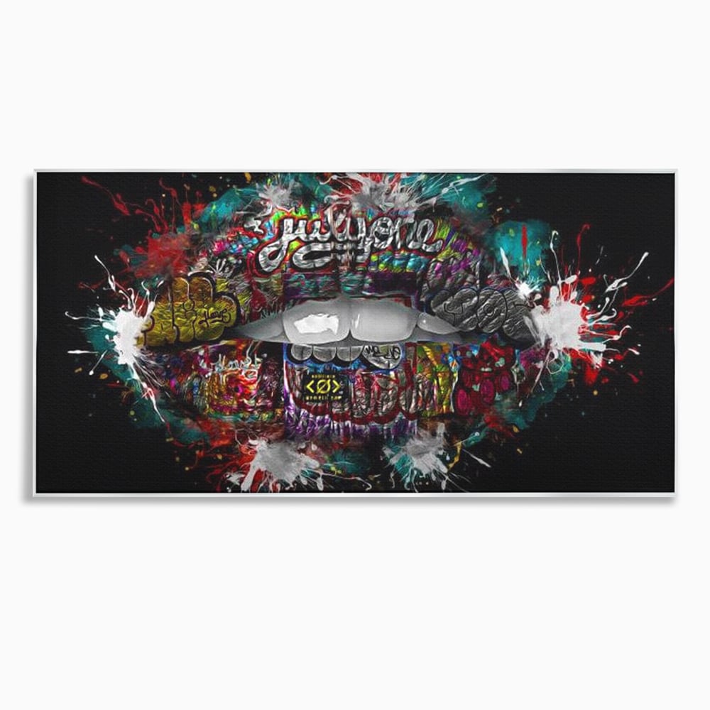 Tablou canvas cu tablou canvas cu buze grafitti, in rama de aluminiu argintiu