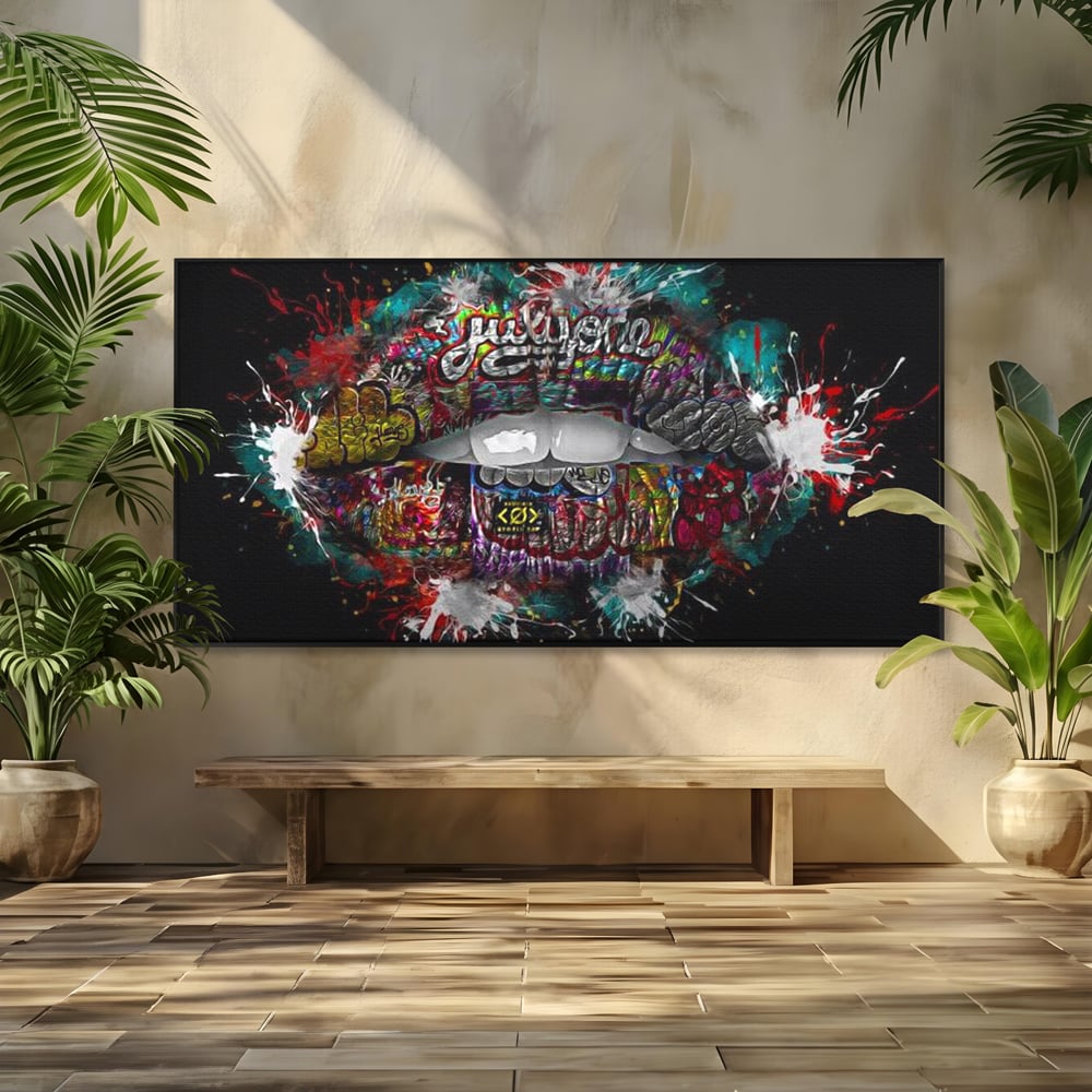 Tablou canvas cu tablou canvas cu buze grafitti, in rama de aluminiu negru