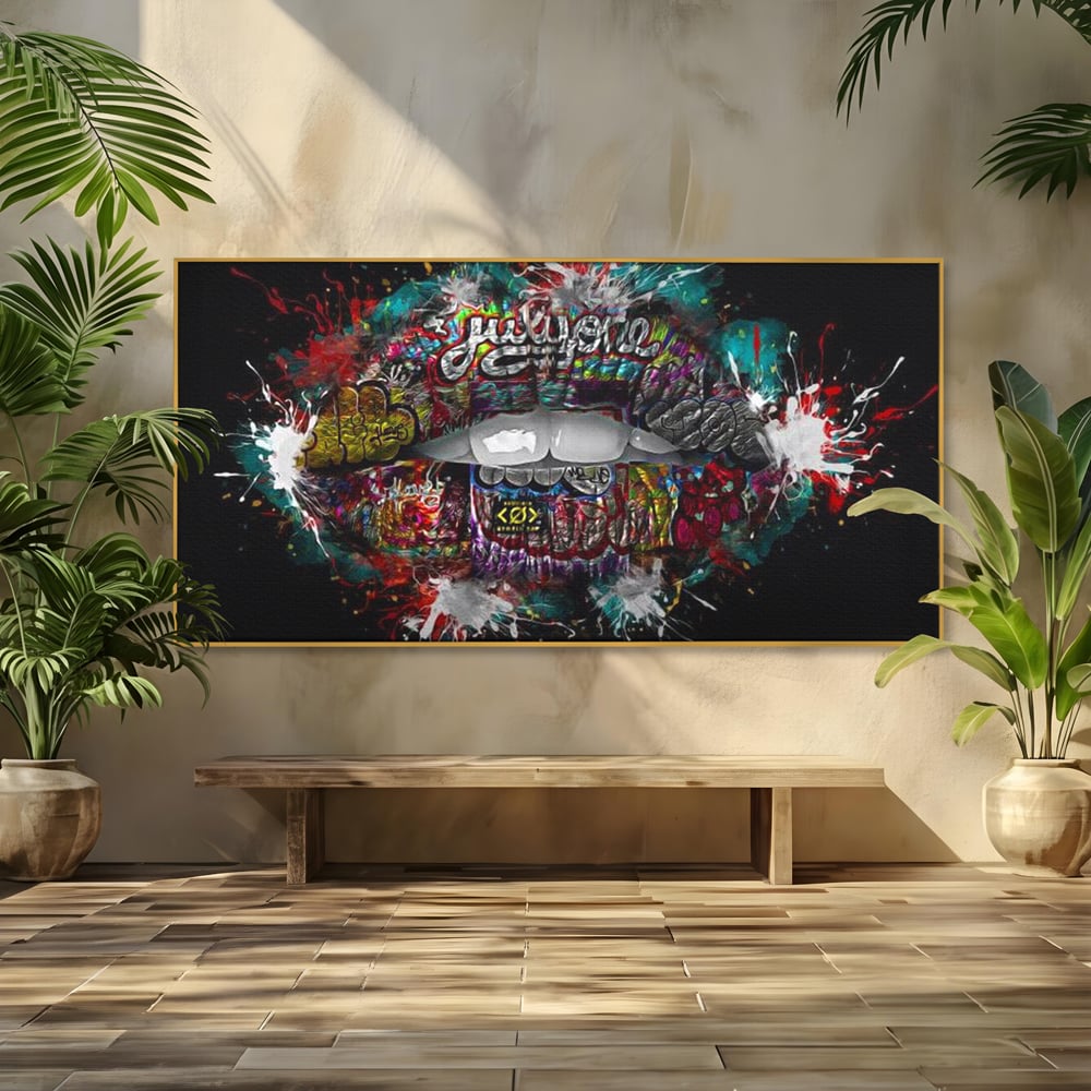 Tablou canvas cu tablou canvas cu buze grafitti, in rama de aluminiu auriu