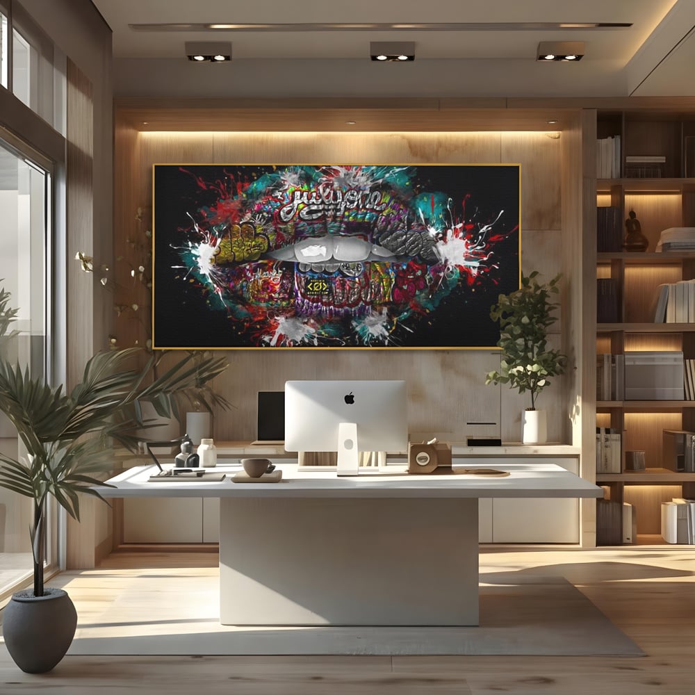 Tablou canvas cu tablou canvas cu buze grafitti, in rama de aluminiu auriu, pe perete intr-un birou