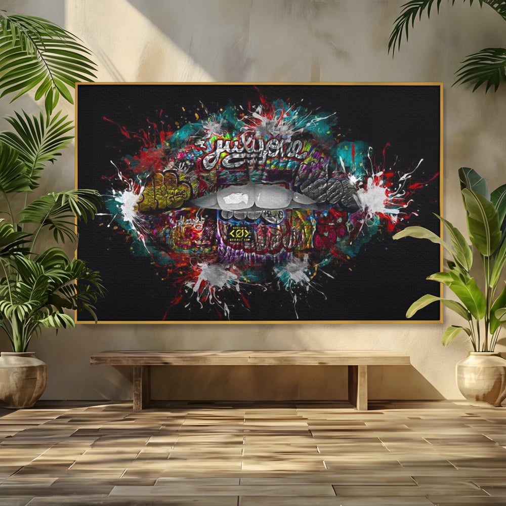 Tablou canvas cu tablou canvas cu buze grafitti, in rama de aluminiu auriu