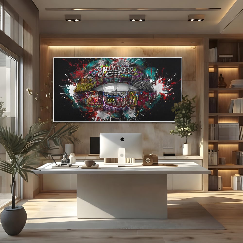 Tablou canvas cu tablou canvas cu buze grafitti, in rama de aluminiu argintiu, pe perete intr-un birou