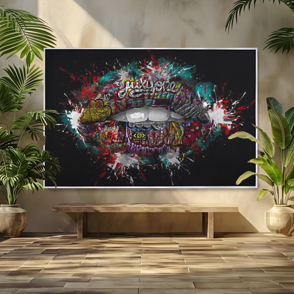 Tablou canvas cu tablou canvas cu buze grafitti, in rama de aluminiu argintiu