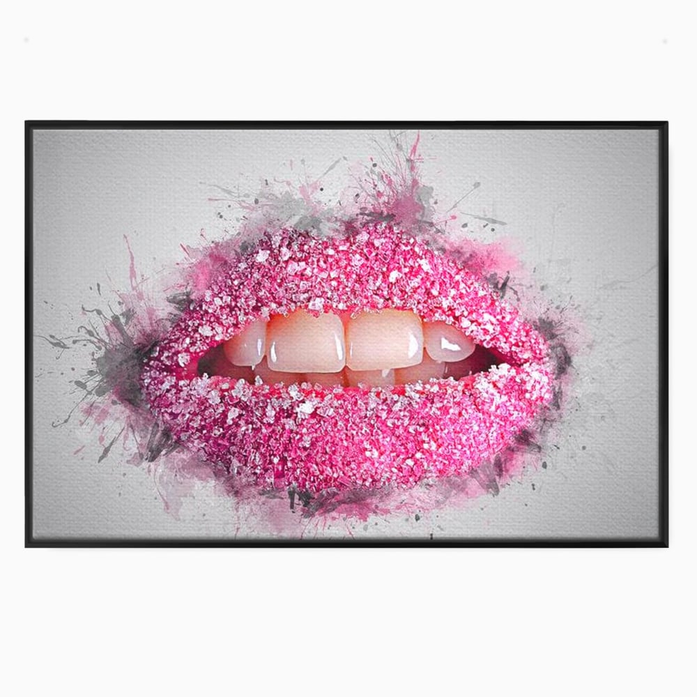 Tablou canvas cu buze acoperite cu cristale roz, in rama de aluminiu negru