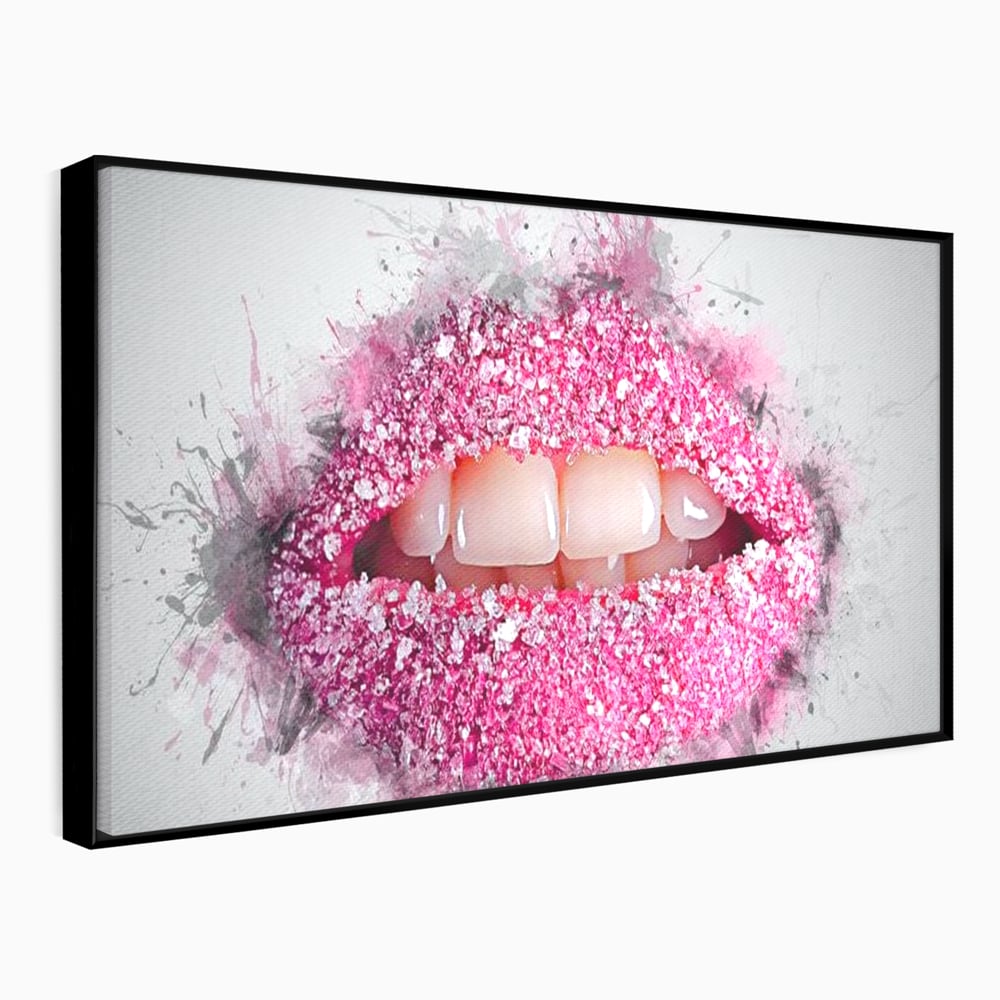 Tablou canvas cu buze acoperite cu cristale roz, in rama de aluminiu negru