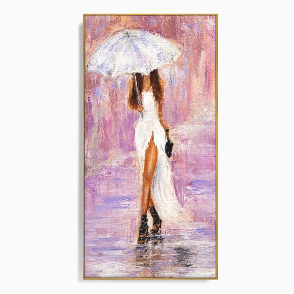 Tablou canvas cu pictura cu femeie si umbrela alba, in rama de aluminiu auriu