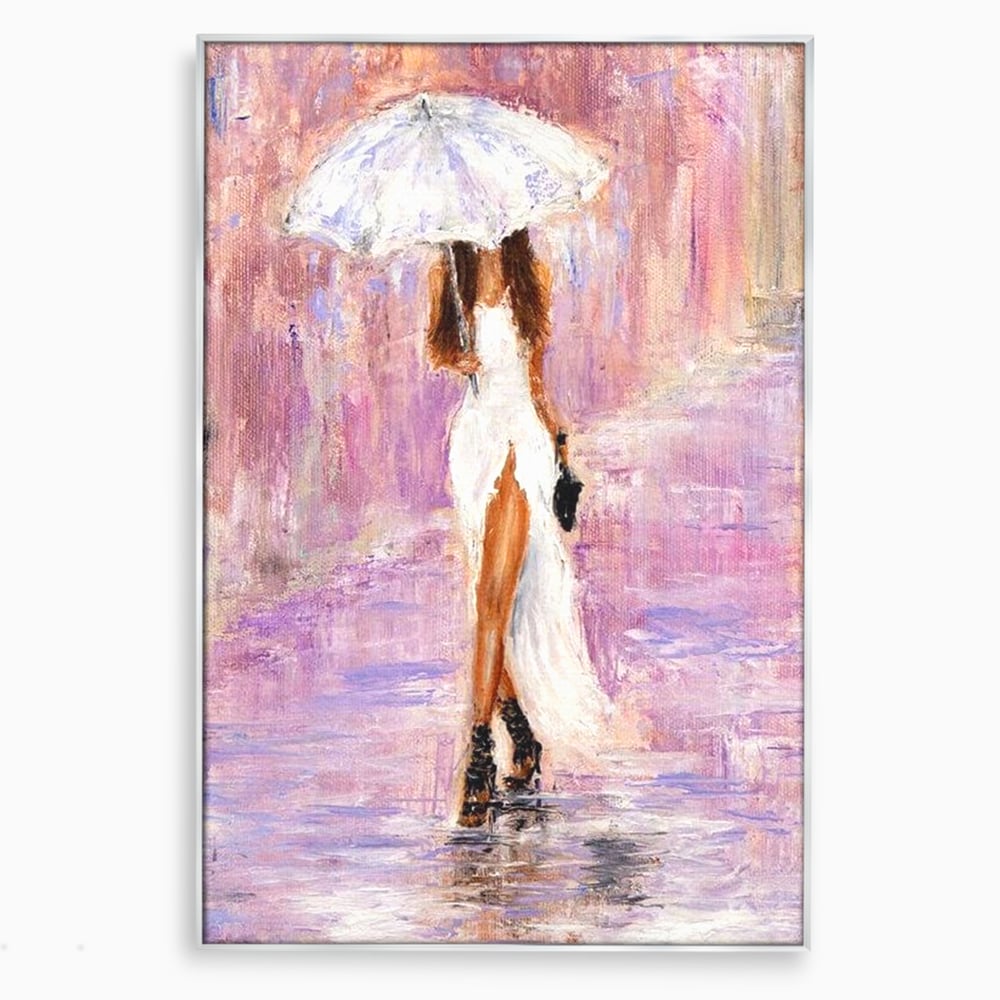 Tablou canvas cu pictura cu femeie si umbrela alba, in rama de aluminiu argintiu