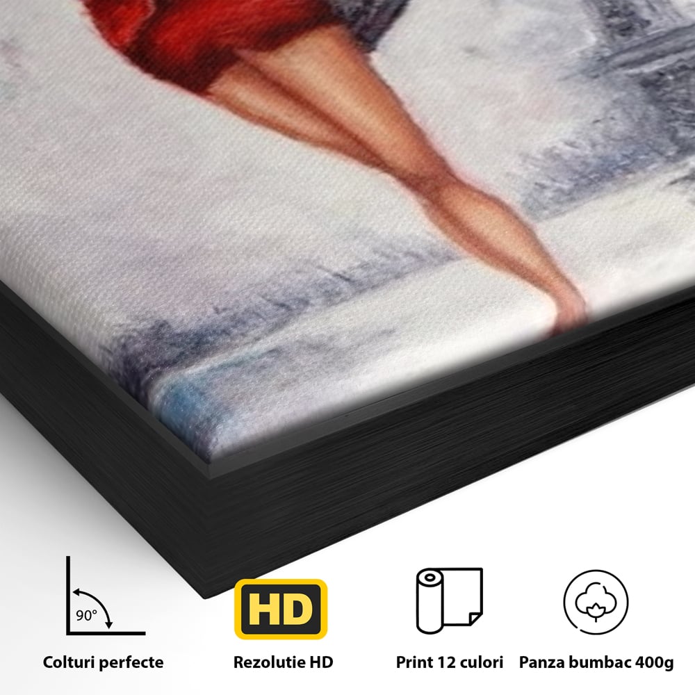 Detaliu al suprafetei: pictura cu femeie in rochie rosie, in rama de aluminiu negru