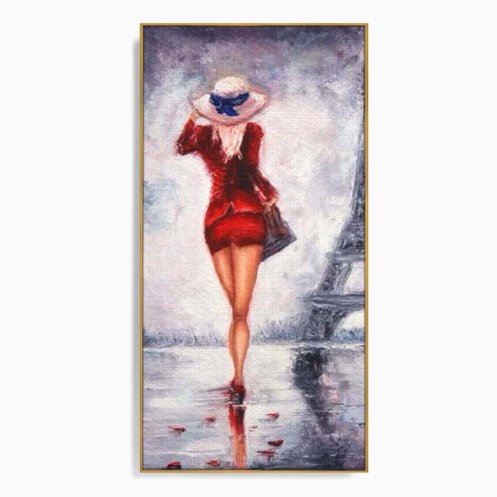 Tablou canvas cu pictura cu femeie in rochie rosie, in rama de aluminiu auriu