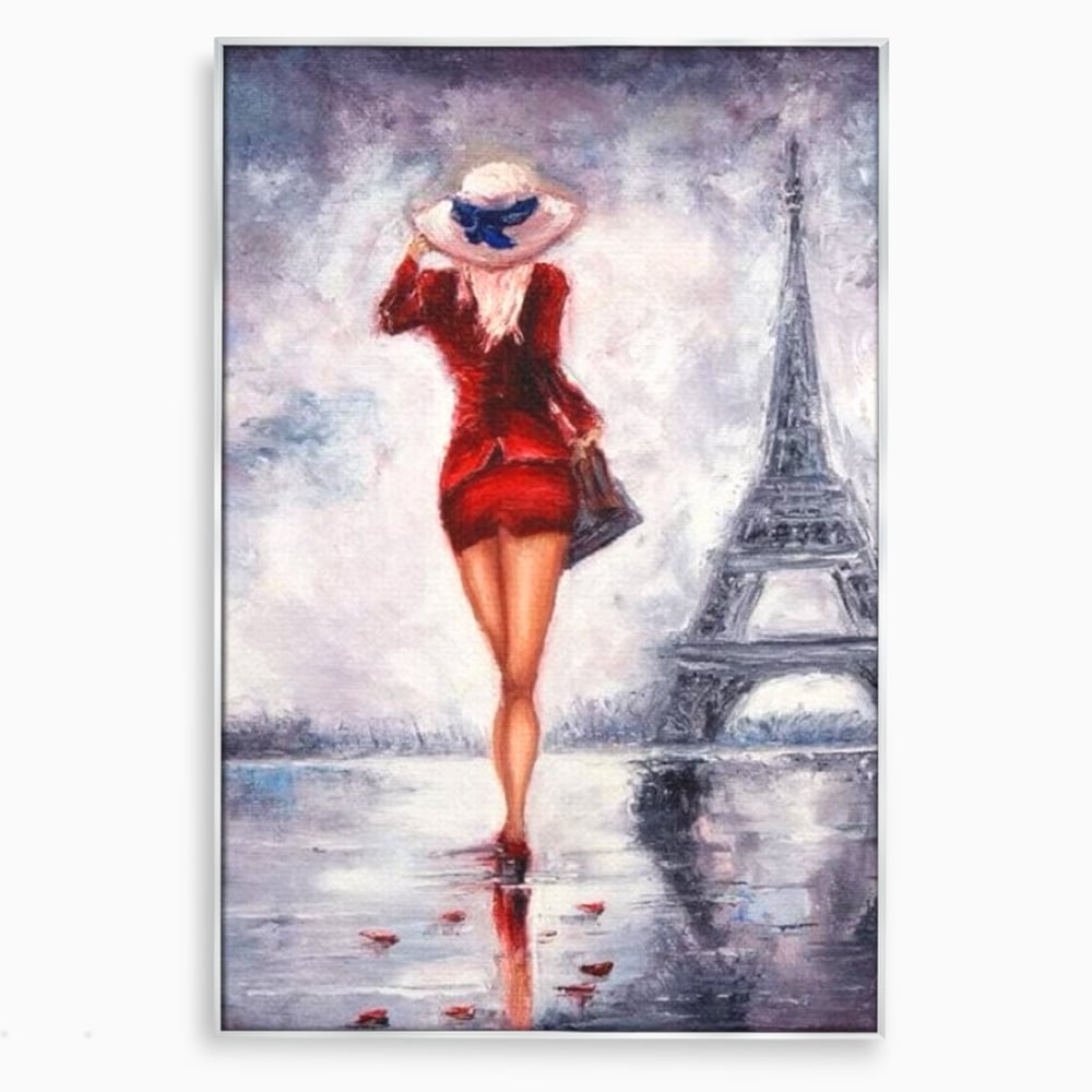 Tablou canvas cu pictura cu femeie in rochie rosie, in rama de aluminiu argintiu