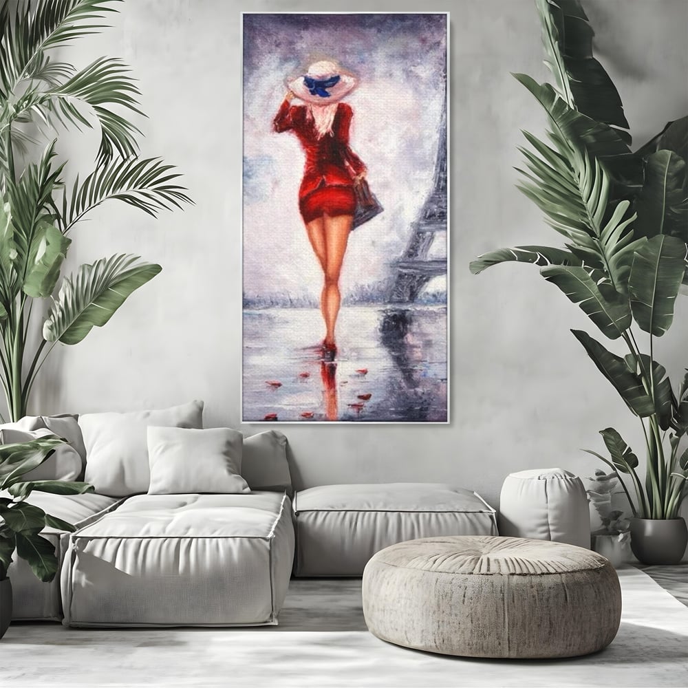Tablou canvas cu pictura cu femeie in rochie rosie, in rama de aluminiu argintiu, pe perete intr-un living