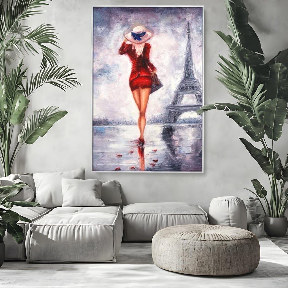 Tablou canvas cu pictura cu femeie in rochie rosie, in rama de aluminiu argintiu, pe perete intr-un living