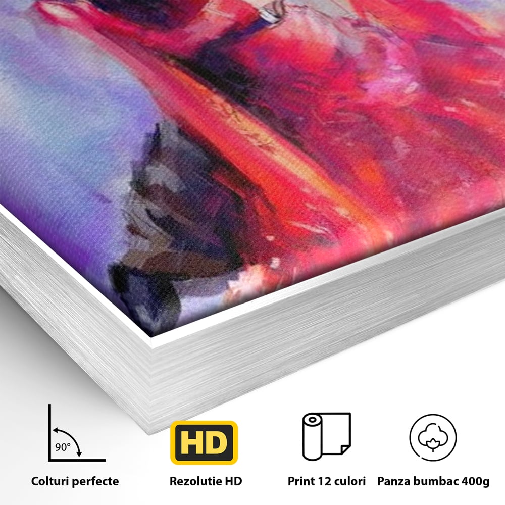 Detaliu al suprafetei: tablou canvas cu o pereche dansand, in rama de aluminiu argintiu