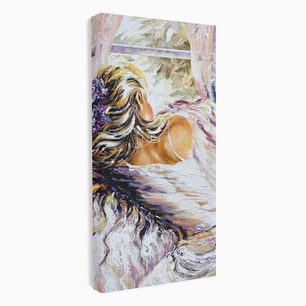 Tablou canvas cu tablou canvas cu femeie privind pe fereastra, fara rama, pe sasiu de lemn
