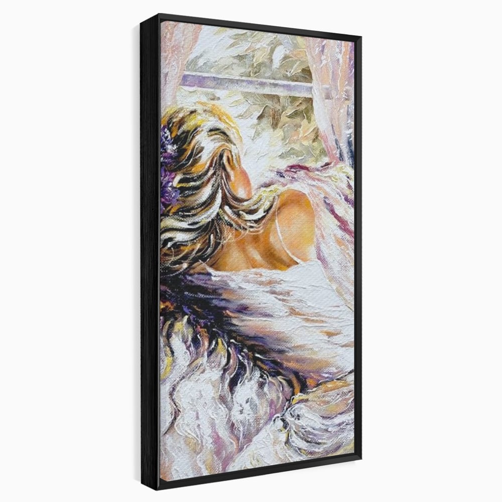Tablou canvas cu tablou canvas cu femeie privind pe fereastra, in rama de aluminiu negru
