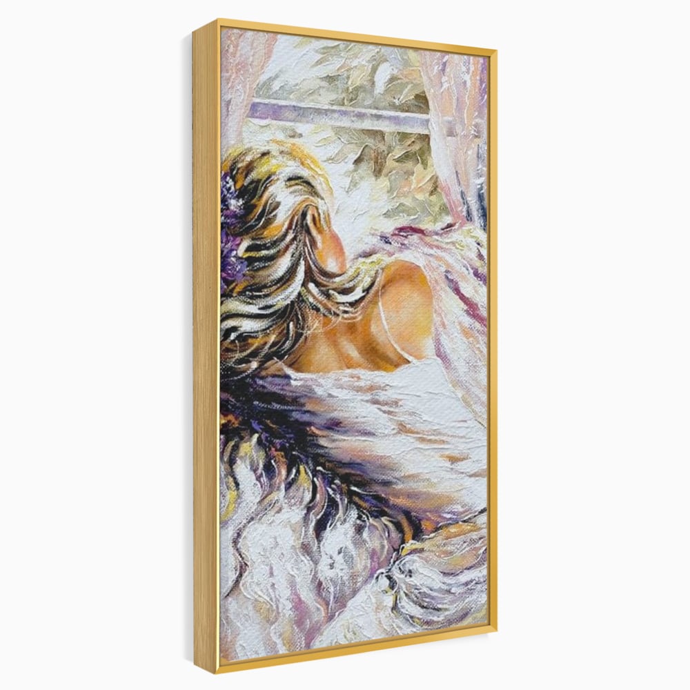Tablou canvas cu tablou canvas cu femeie privind pe fereastra, in rama de aluminiu auriu