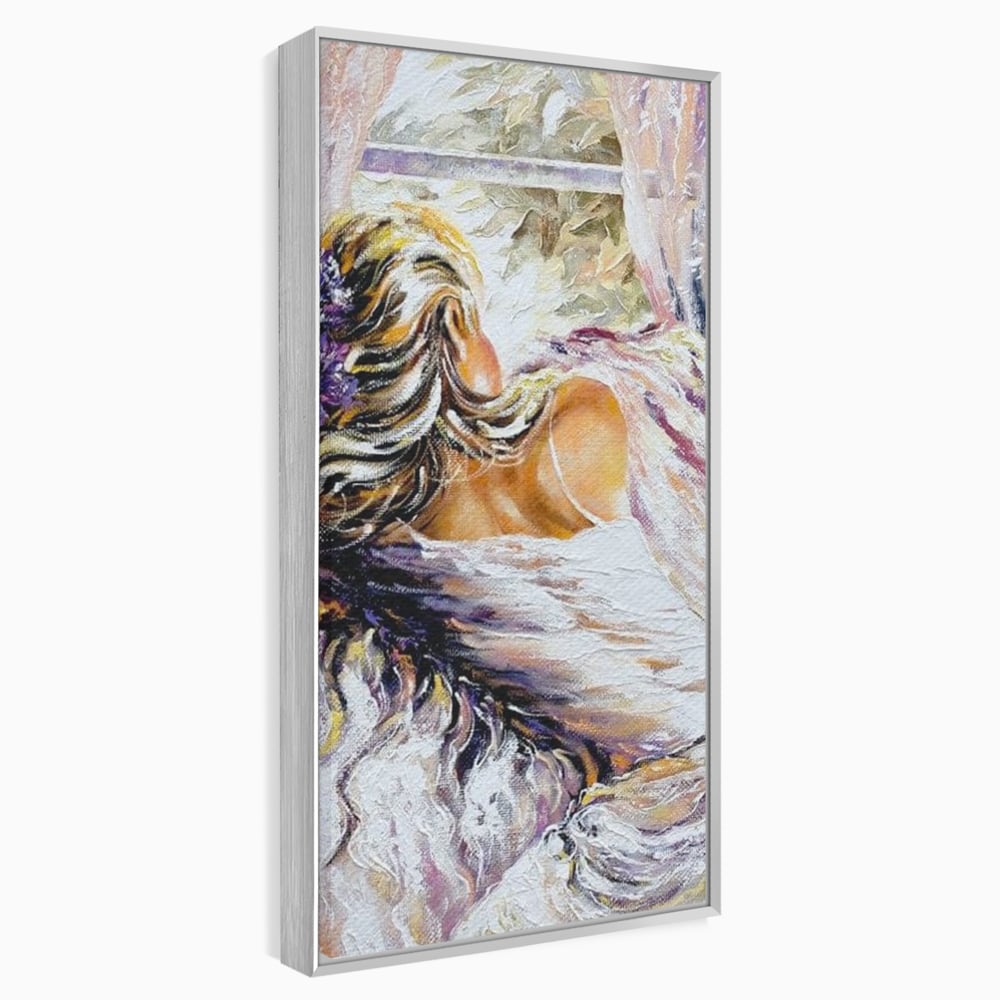 Tablou canvas cu tablou canvas cu femeie privind pe fereastra, in rama de aluminiu argintiu