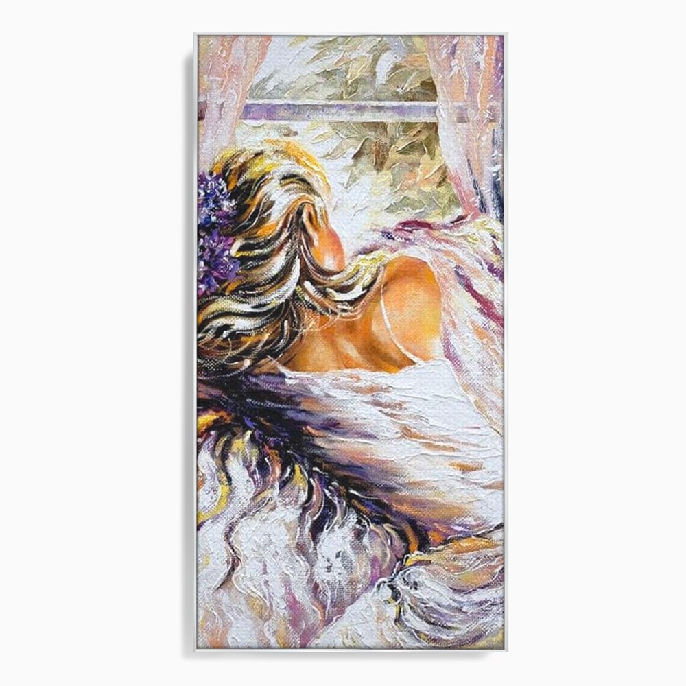 Tablou canvas cu tablou canvas cu femeie privind pe fereastra, in rama de aluminiu argintiu