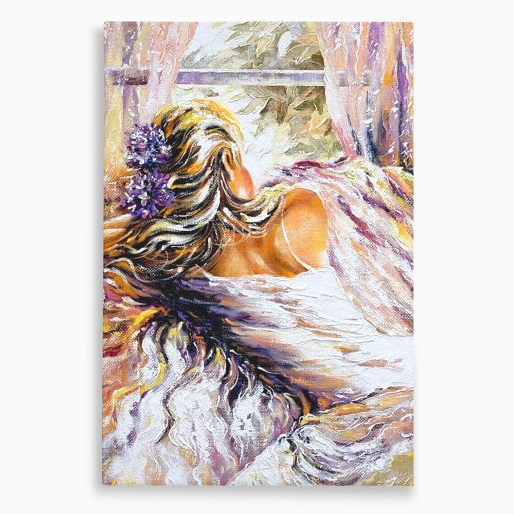 Tablou canvas cu tablou canvas cu femeie privind pe fereastra, fara rama, pe sasiu de lemn