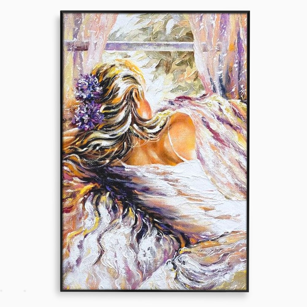 Tablou canvas cu tablou canvas cu femeie privind pe fereastra, in rama de aluminiu negru