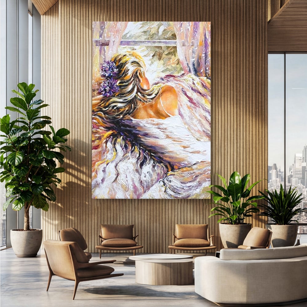 Tablou canvas cu tablou canvas cu femeie privind pe fereastra, fara rama, pe sasiu de lemn, pe perete intr-un birou