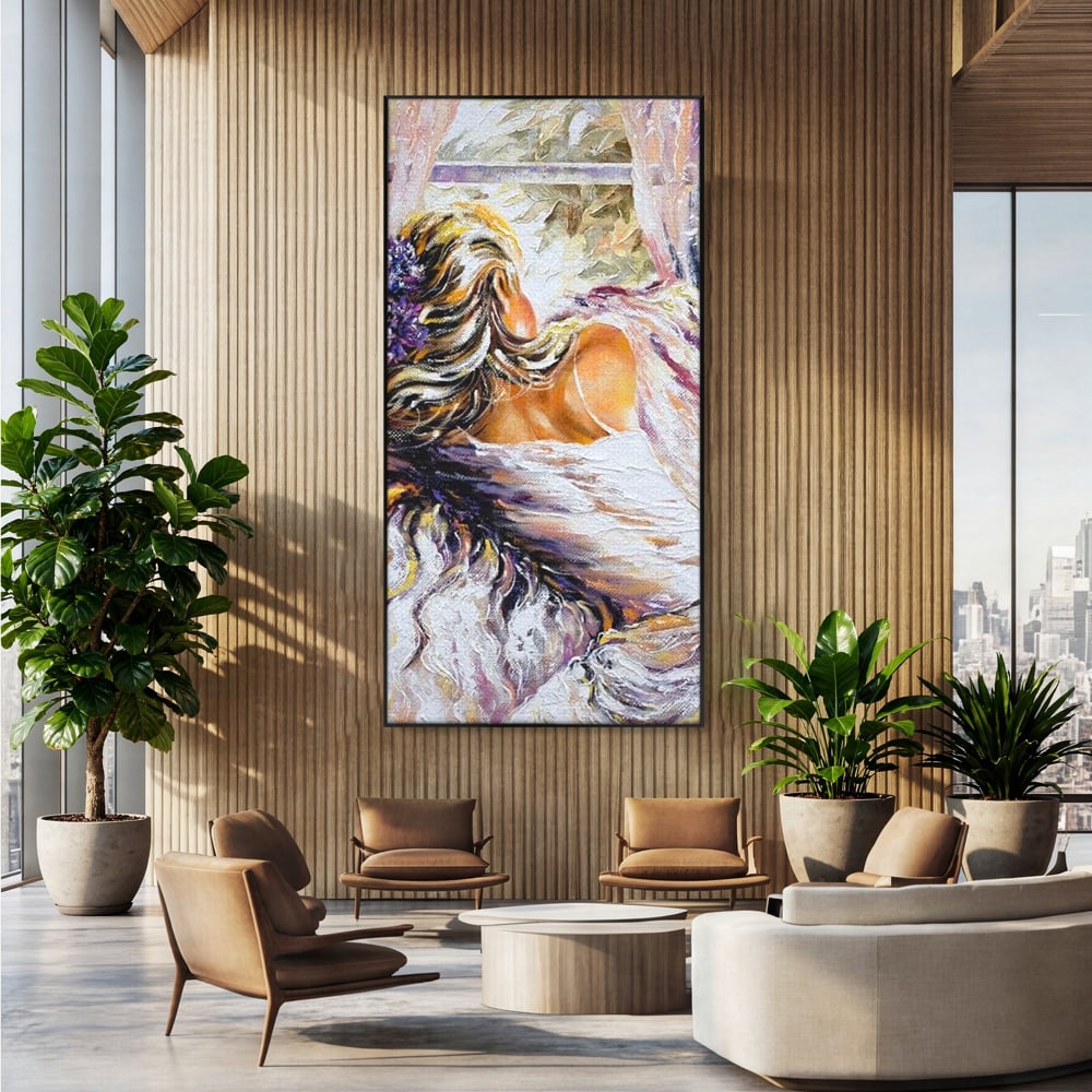 Tablou canvas cu tablou canvas cu femeie privind pe fereastra, in rama de aluminiu negru, pe perete intr-un birou