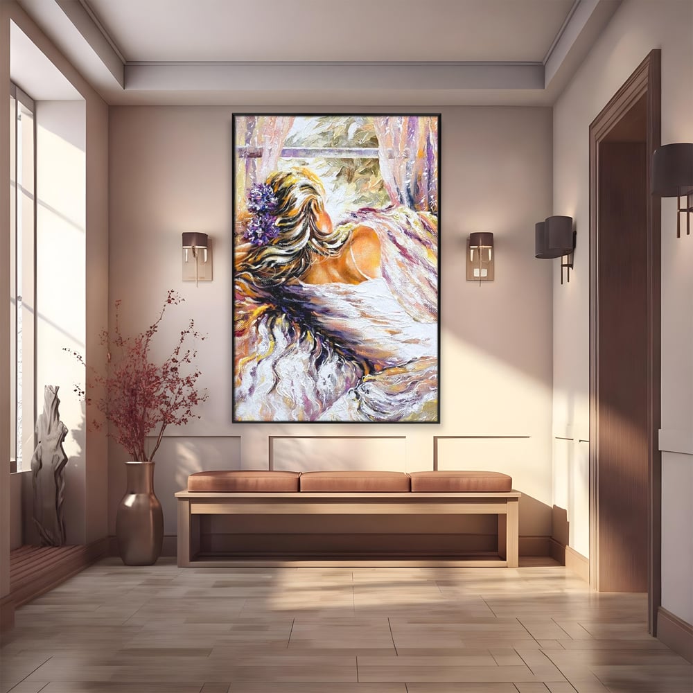 Tablou canvas cu tablou canvas cu femeie privind pe fereastra, in rama de aluminiu negru