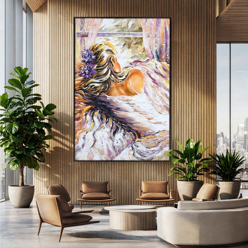 Tablou canvas cu tablou canvas cu femeie privind pe fereastra, in rama de aluminiu negru, pe perete intr-un birou