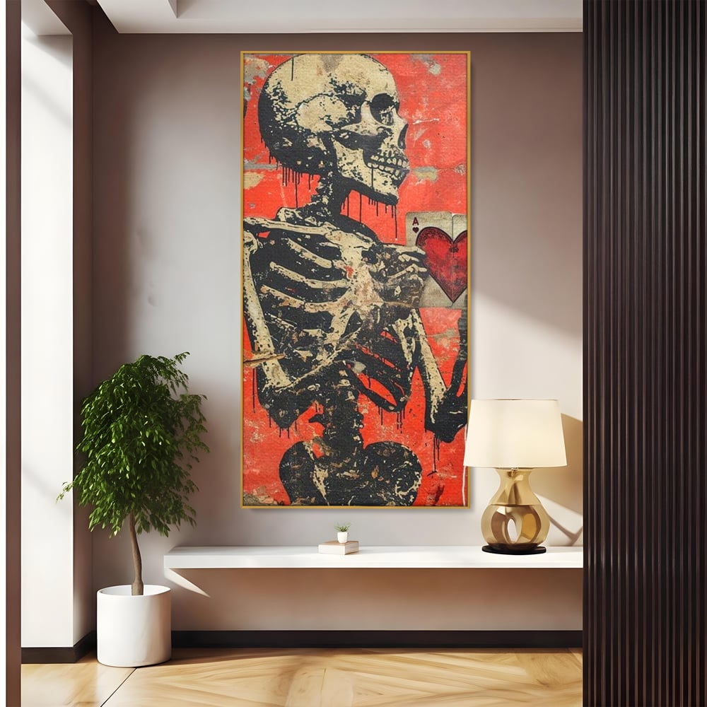 Tablou canvas cu tablou canvas cu schelet si carte de joc, in rama de aluminiu auriu