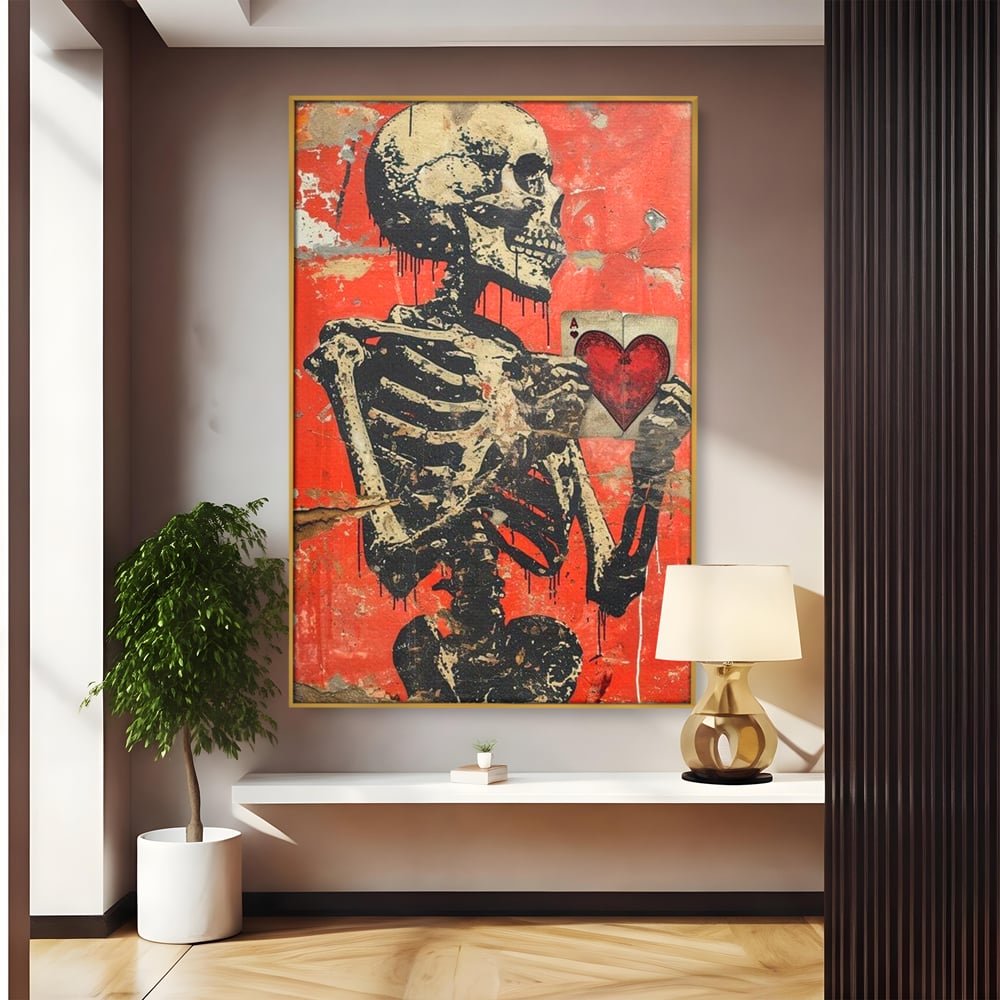 Tablou canvas cu tablou canvas cu schelet si carte de joc, in rama de aluminiu auriu